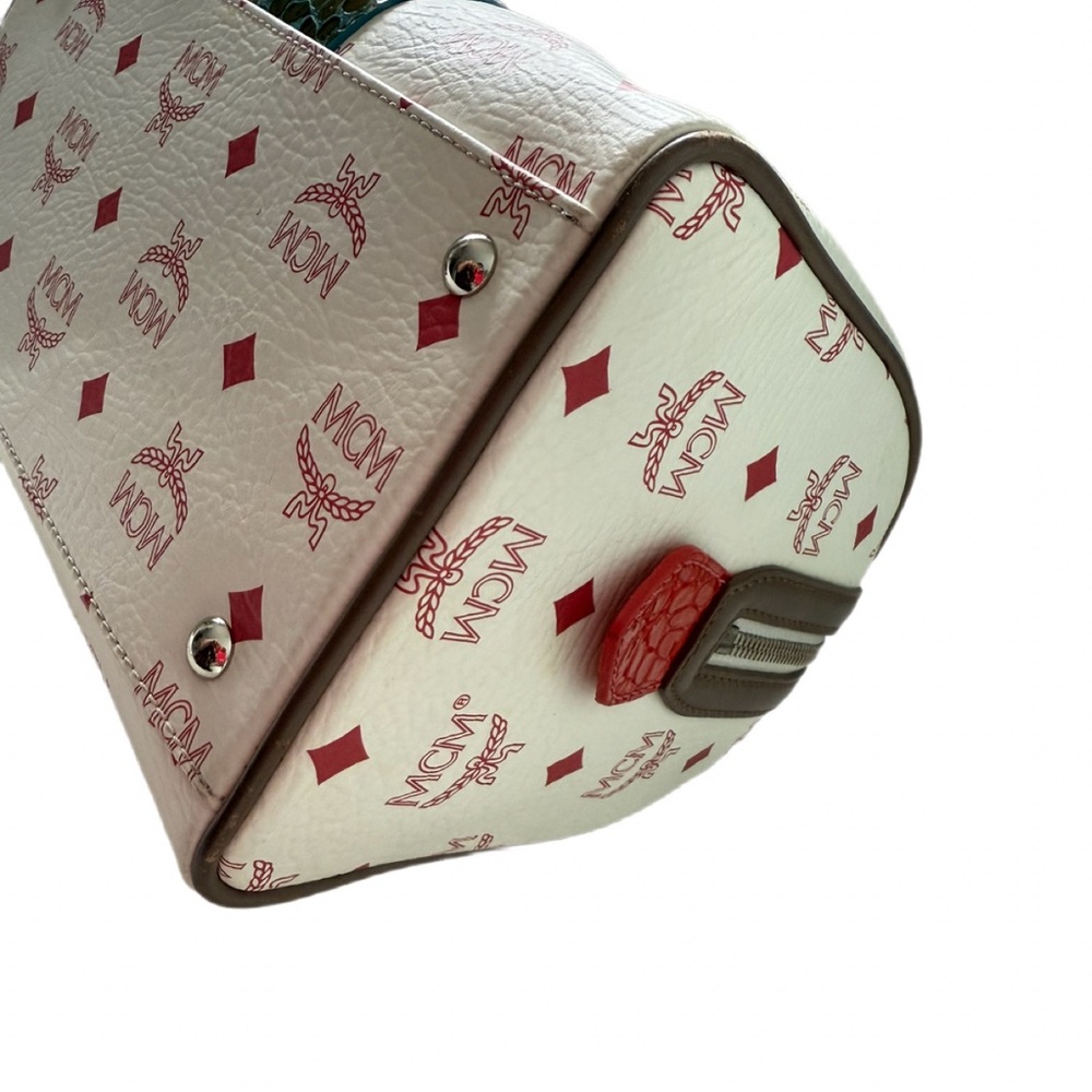 MCM Visetos Striped Munich Lion Boston Satchel White - Picture 5 of 7